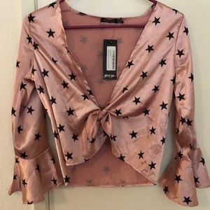 pink silk tie front top with stars